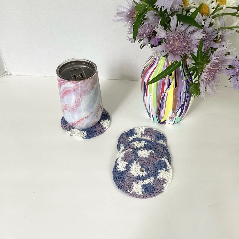 Coaster Set Hand Crafted Purple White Cotton Crochet Bar Cart Essentials
